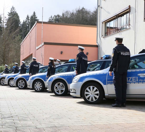 Sieben blau-silberne Polizeiwagen stehen angewinkelt nebeneinander. Neben jedem Wagen steht ein Polizist.